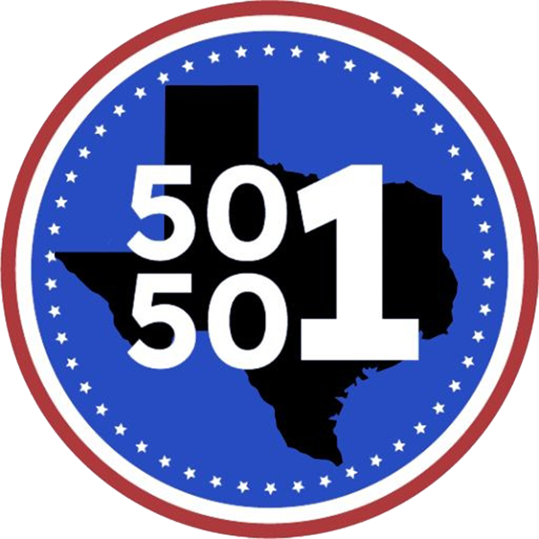 50501 Texas logo - a blue circular emblem with a red border and white stars features a black silhouette of Texas. The numbers 50501 are overlaid in large white font.