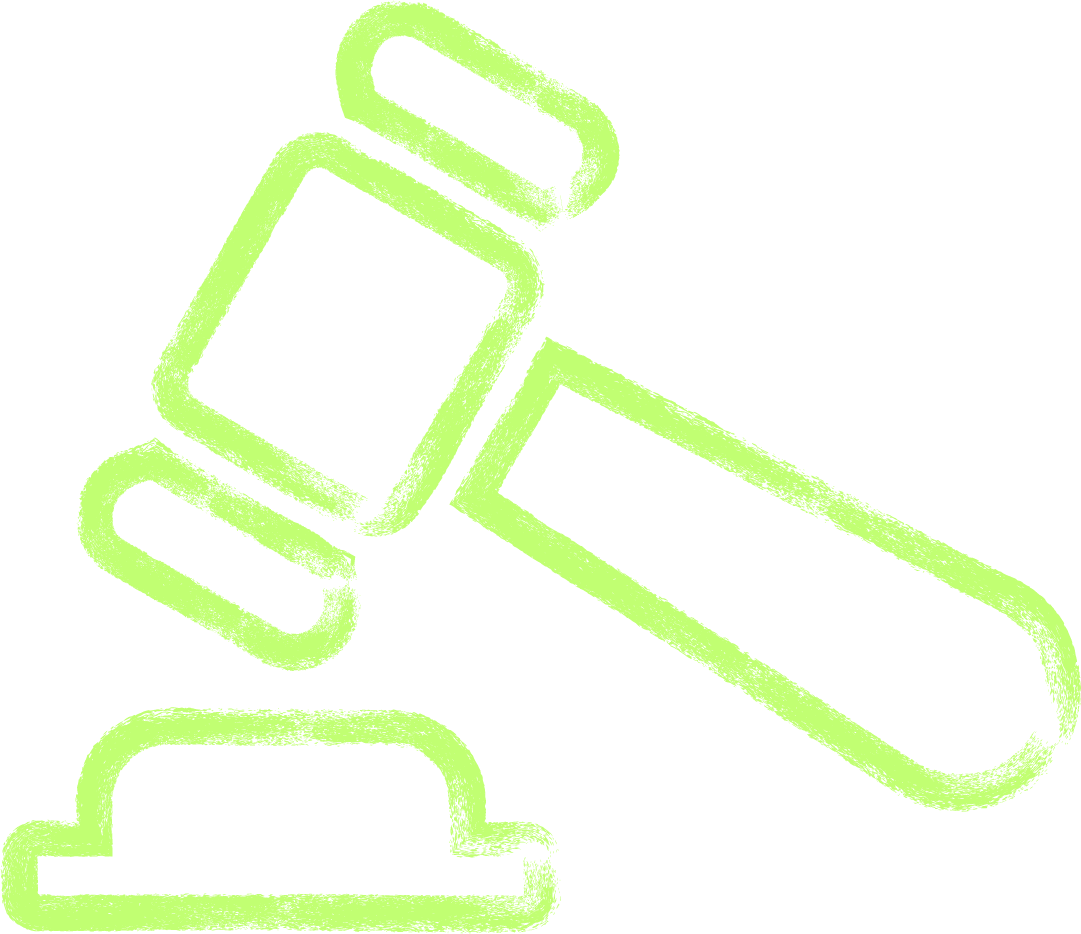 A rough, neon green chalk-like outline drawing of a judge’s gavel raised above a sounding block on a plain light background. The hand-drawn, textured lines evoke the spirit of an unbreakable republic upholding justice.