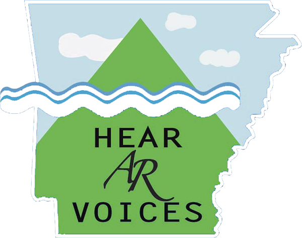 Hear AR Voices logo - an outline of Arkansas contains a green mountain, blue wavy water lines, and clouds. The words HEAR AR VOICES appear, with AR stylized. The design suggests nature and listening to the voices of Arkansas.