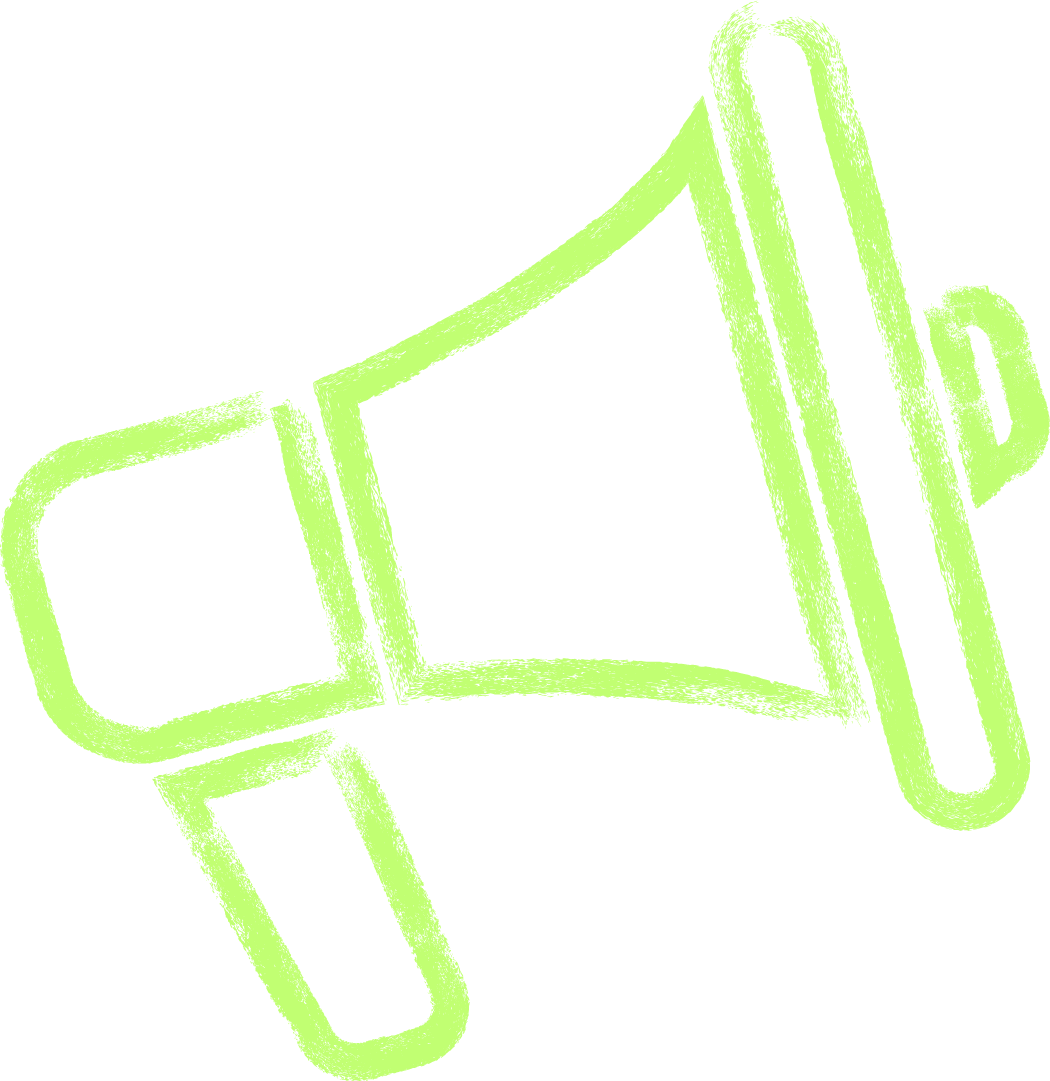 A simple, hand-drawn megaphone icon in light green on a white background. The slightly uneven, crayon-like lines evoke the spirited voice of an unbreakable republic. The megaphone faces right, with its mouthpiece on the left.