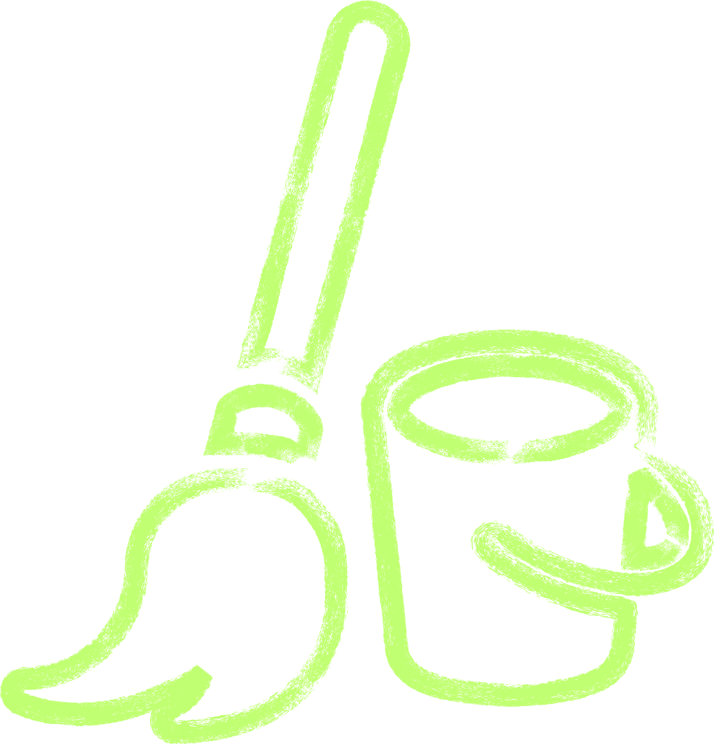 A light green, sketch-style drawing shows a mop leaning next to a bucket. Both objects, outlined with thick, textured lines on a white background, evoke the casual creativity of an unbreakable republic in hand-drawn form.