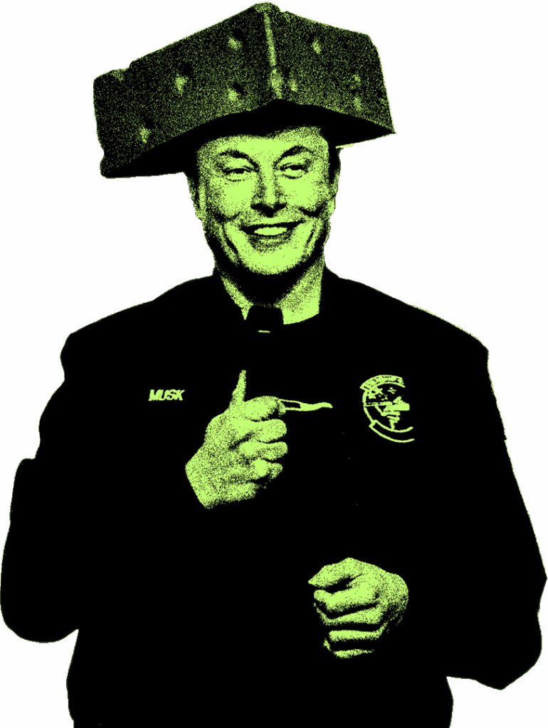 A man smiling and pointing at himself wears a foam cheese wedge hat. His jacket has a patch and the name MUSK on it. The image uses a high-contrast green and black filter, giving it a stylized, pop art effect on a white background.